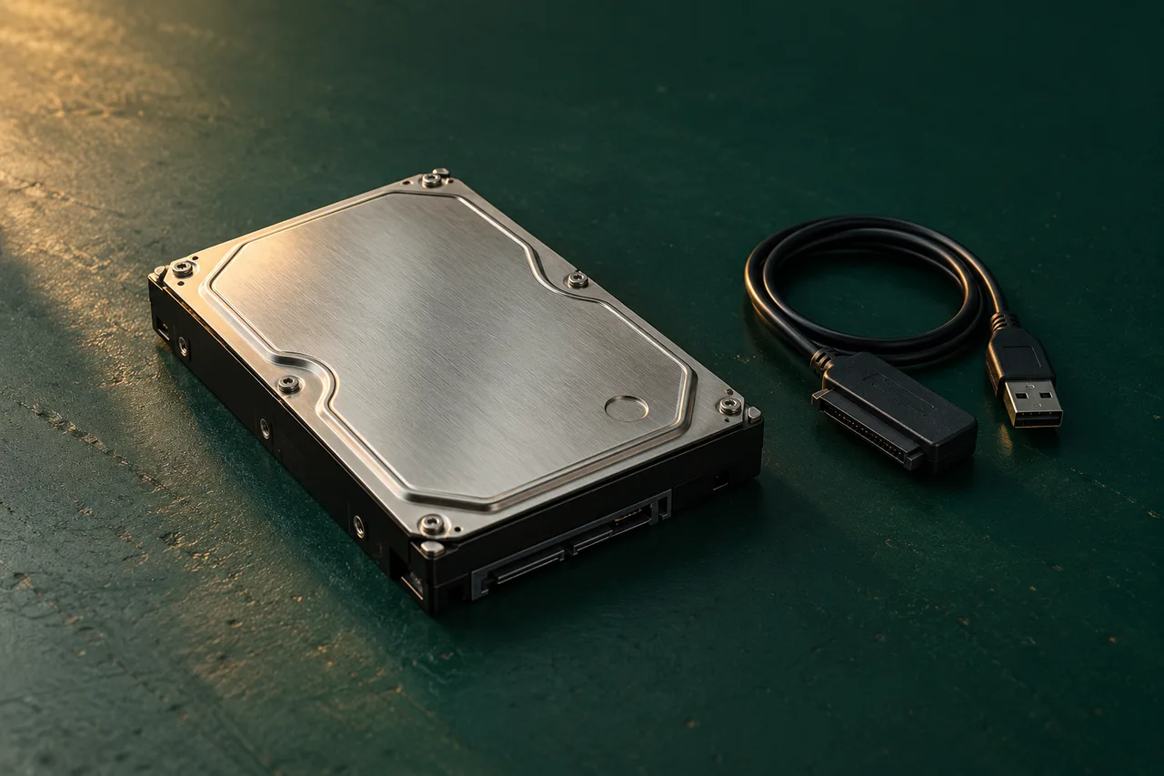 A retired computer hard drive on an evergreen workbench.