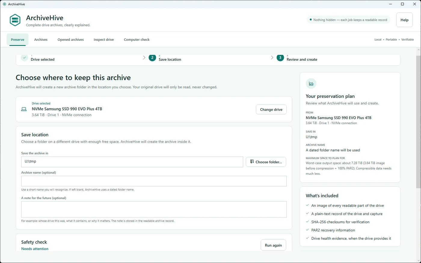 ArchiveHive planning screen showing the selected drive, storage estimate and options before capture.